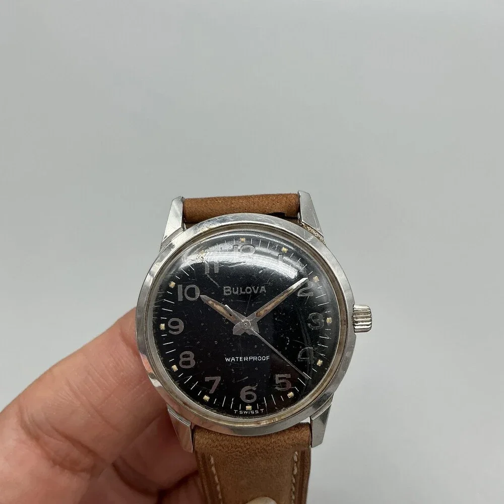 Vintage Bulova Mens Watch 32mm Black Dial Brown Leather Manual Wind Swiss 1966